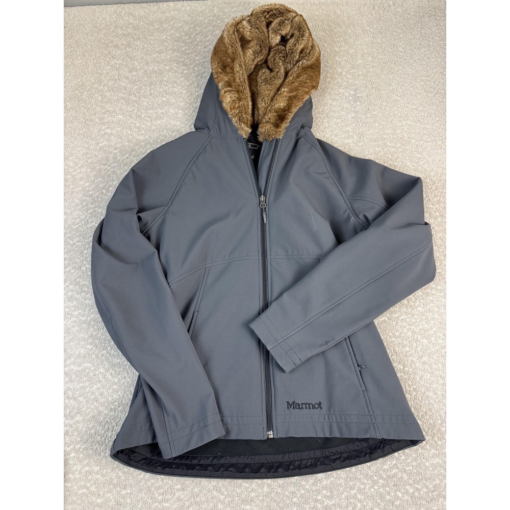 Marmot Jacket Womens Large Gray Softshell Faux Fur Hood Full Zip Lined Warm